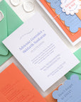Colorful wedding invitation set with envelopes on a light background