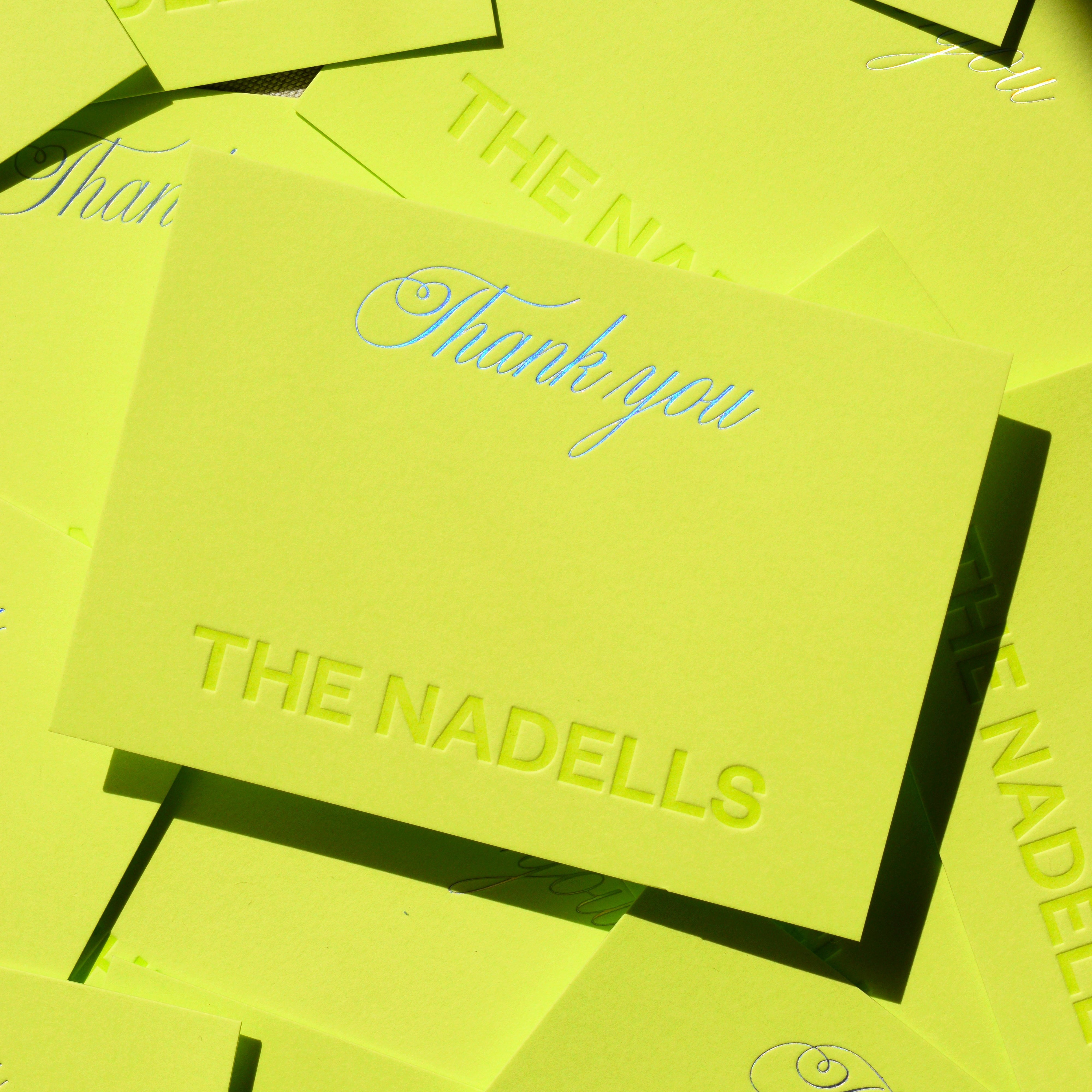 Neon green cards with 'The Nadells' branding and 'Thank you' text.